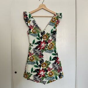 Zara Tropical Floral Flutter Sleeve Cut Out Back Skort Romper Jumpsuit S